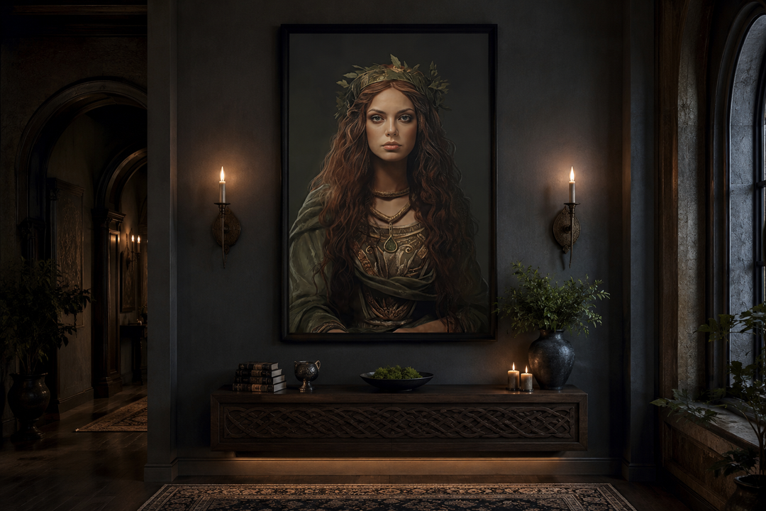 Danu Celtic Goddess framed canvas wall art in a dark, gothic-inspired room with candles.