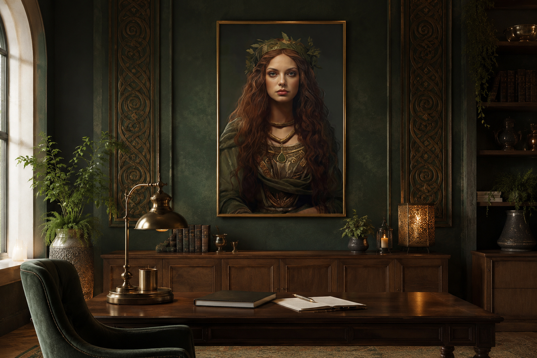 Framed canvas wall art of Danu Celtic Goddess in a dark green study with rustic wood furniture.