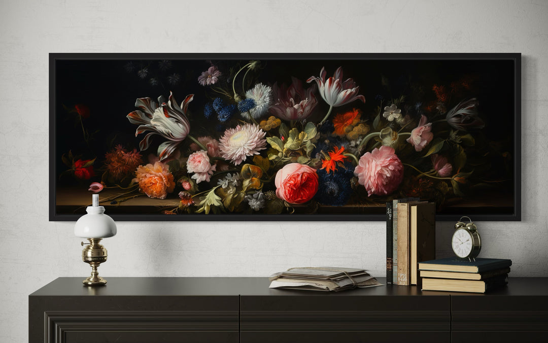 Dark Academia Antique Flowers Moody Horizontal Framed Canvas Wall Art