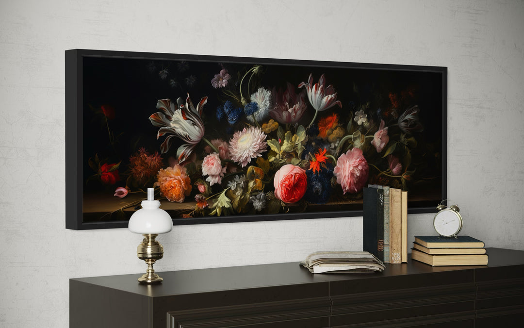 Dark Academia Antique Flowers Moody Horizontal Framed Canvas Wall Art