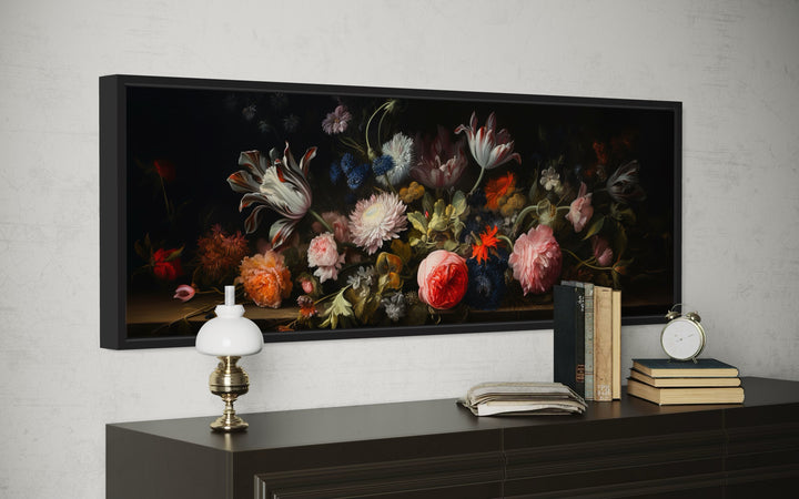 Dark Academia Antique Flowers Moody Horizontal Framed Canvas Wall Art