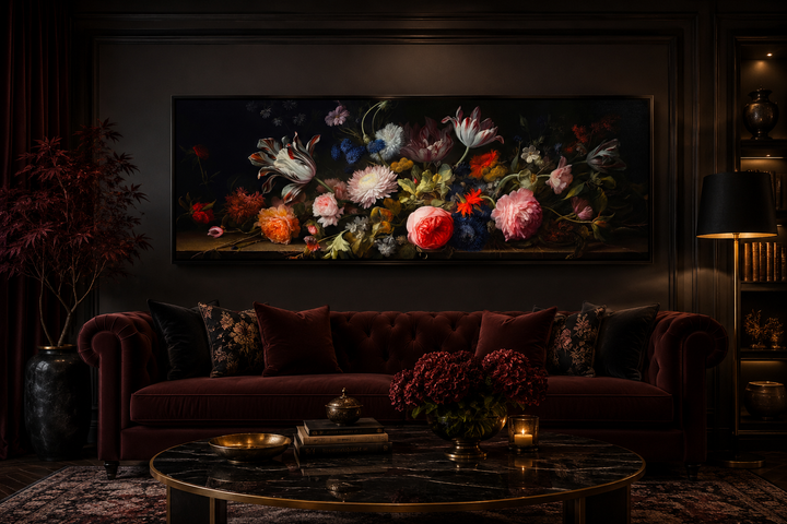 Dark academia horizontal framed canvas art featuring a moody antique floral arrangement over a sofa.