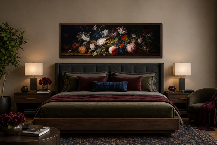 Dark Academia antique flowers moody horizontal framed canvas wall art hanging above a bed.