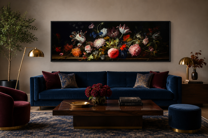 Dark Academia antique flowers horizontal framed canvas wall art above a blue velvet sofa.