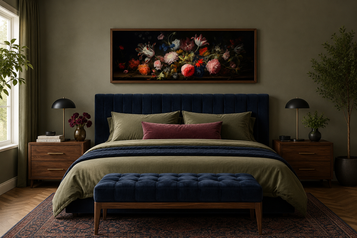 Dark Academia antique flowers horizontal framed canvas wall art hanging above a navy blue bed.