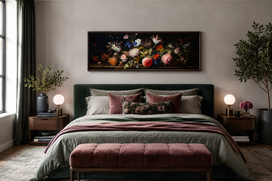 Dark Academia antique flowers moody horizontal framed canvas wall art hanging above a bed.