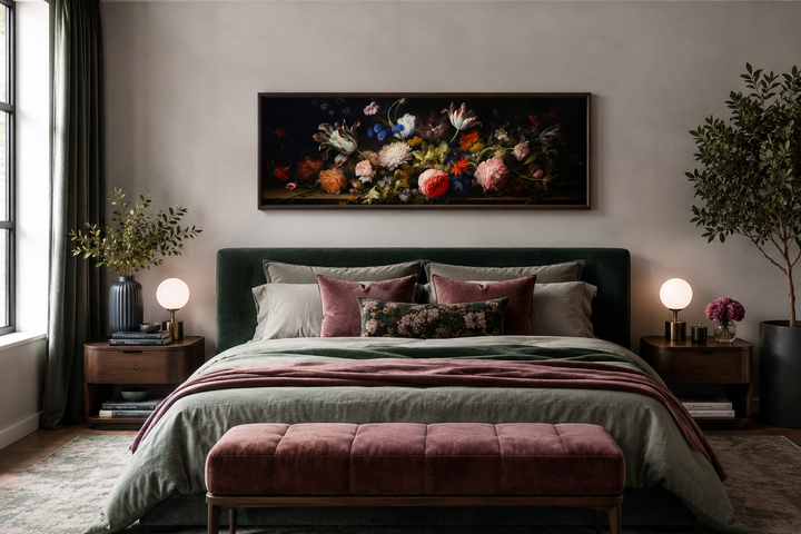 Dark Academia antique flowers moody horizontal framed canvas wall art hanging above a bed.