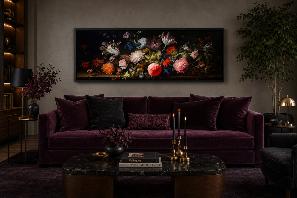 Dark Academia horizontal framed canvas wall art with moody antique flowers above a purple sofa.