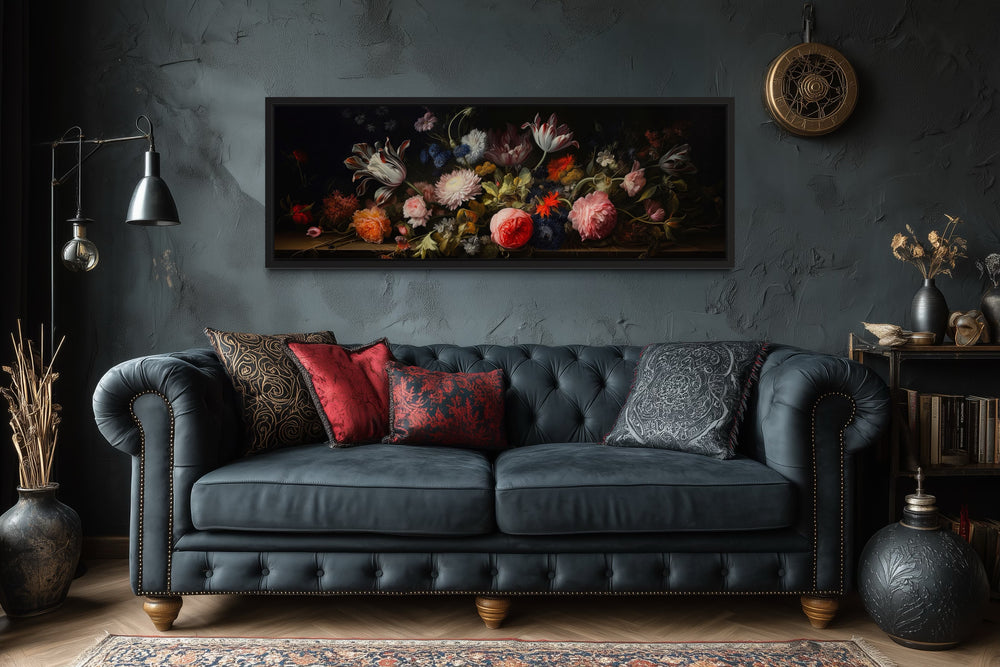 Dark Academia Antique Flowers Moody Horizontal Framed Canvas Wall Art