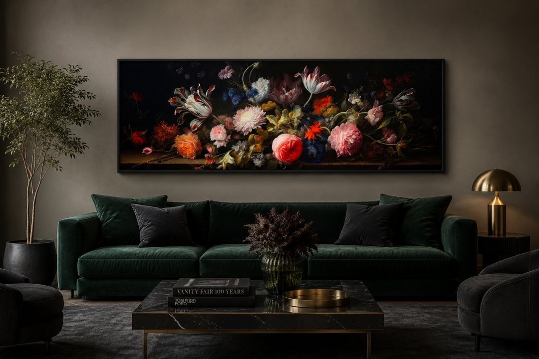Dark Academia antique flowers horizontal framed canvas wall art above a green velvet sofa.