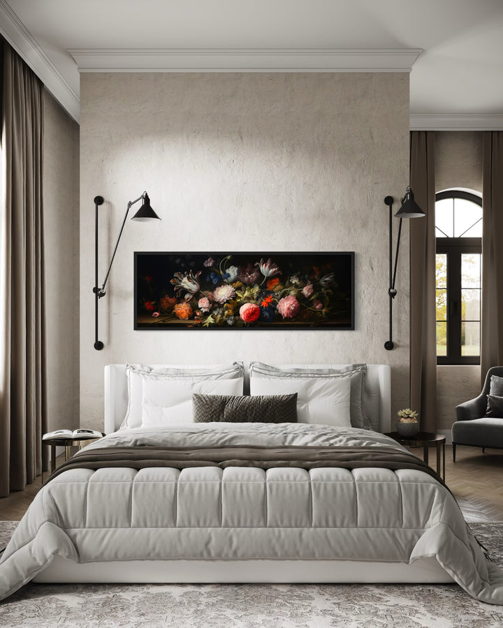 Dark Academia Antique Flowers Moody Horizontal Framed Canvas Wall Art