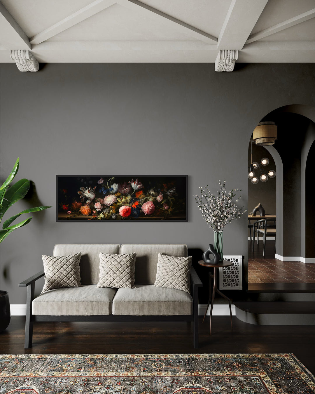 Dark Academia Antique Flowers Moody Horizontal Framed Canvas Wall Art