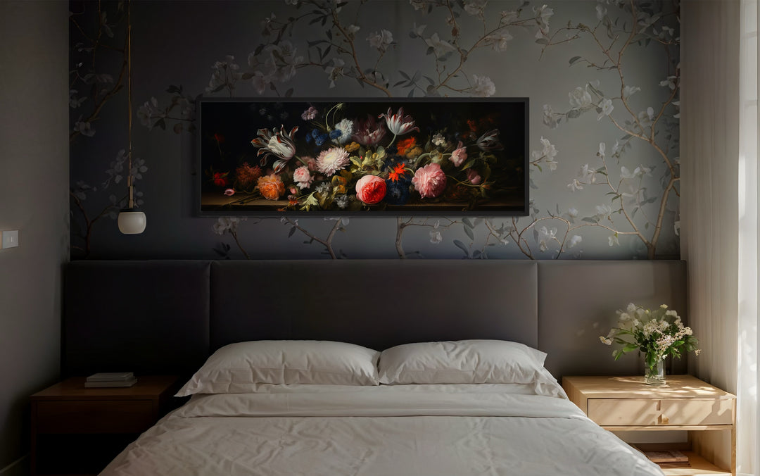 Dark Academia Antique Flowers Moody Horizontal Framed Canvas Wall Art