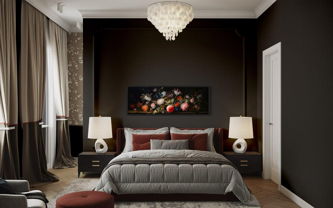 Dark Academia Antique Flowers Moody Horizontal Framed Canvas Wall Art
