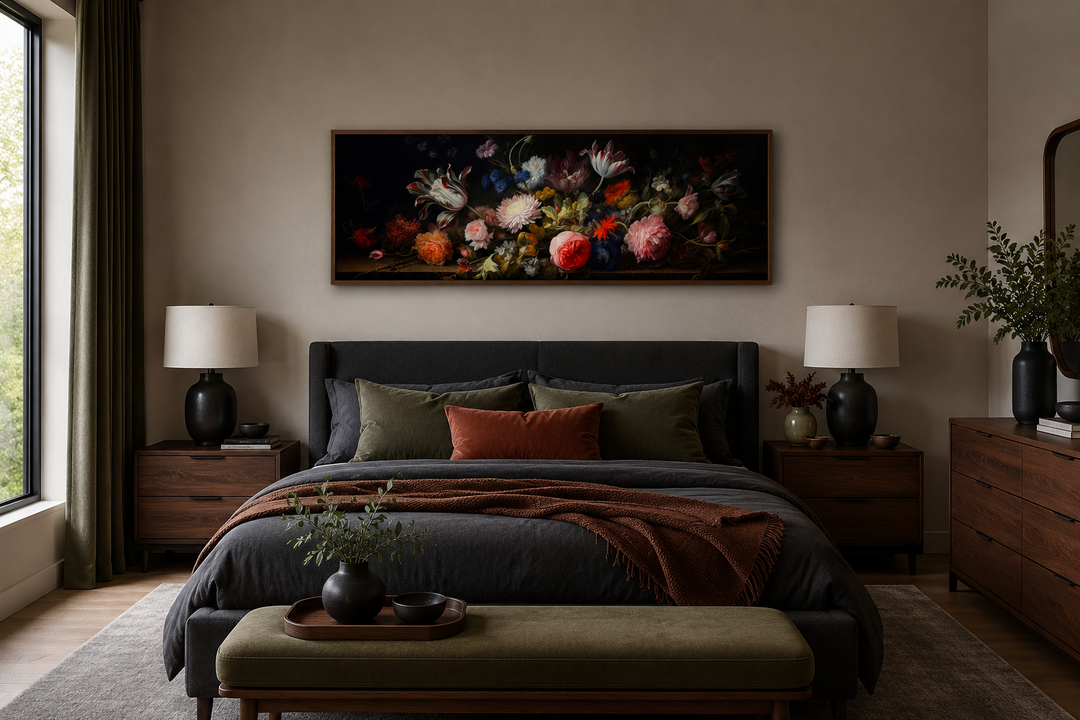 Dark Academia antique flowers horizontal framed canvas wall art hanging above a bed in a bedroom.
