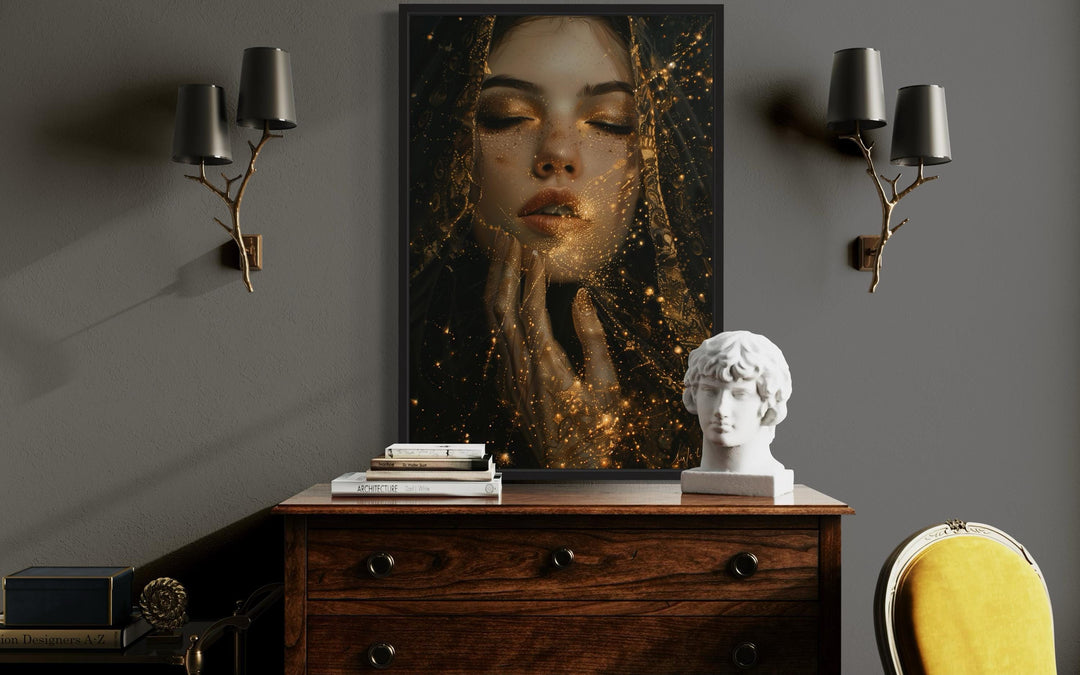 Dark Academia Golden Stardust Framed Canvas Wall Art