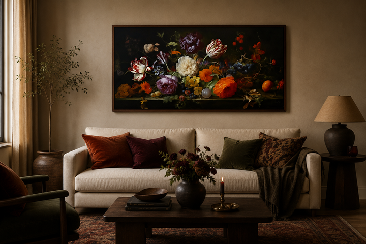 Framed dark academia floral canvas art above a cream sofa in a moody, vintage-style living room.