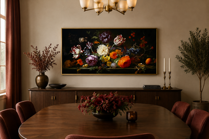 Framed dark academia floral canvas print above a sideboard in a moody, elegant dining room.