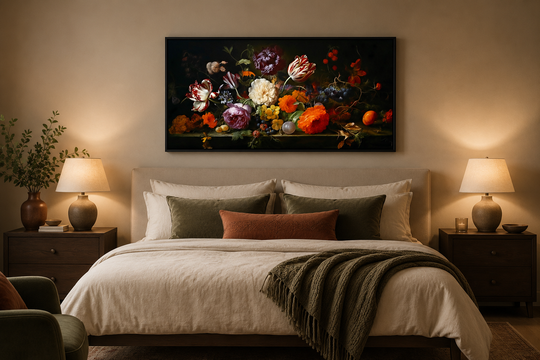 Framed antique floral canvas print in a dark academia style hanging above a bed in a bedroom.