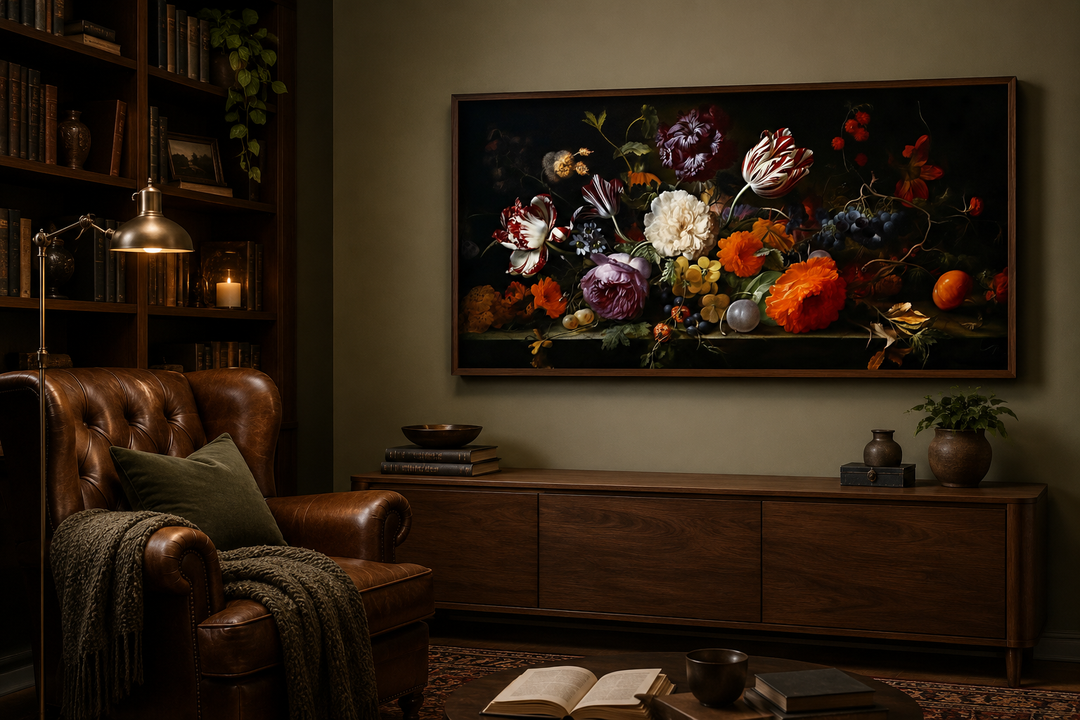 Framed antique floral canvas print in a dark academia style room with a leather chair and bookshelf.