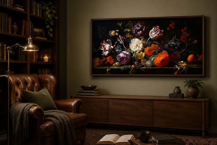 Framed antique floral canvas print in a dark academia style room with a leather chair and bookshelf.