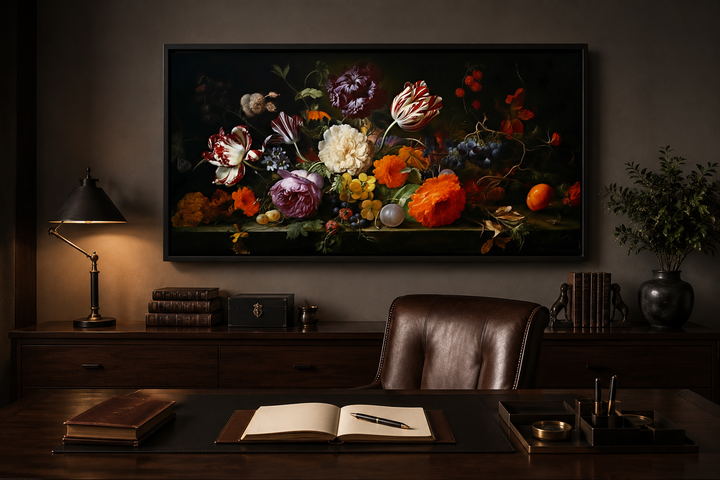 Framed dark academia floral canvas print above a dark wood desk with a leather chair and lamp.