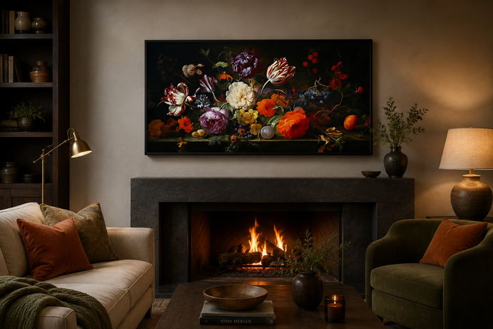 Framed antique floral canvas print in a dark academia living room above a fireplace.