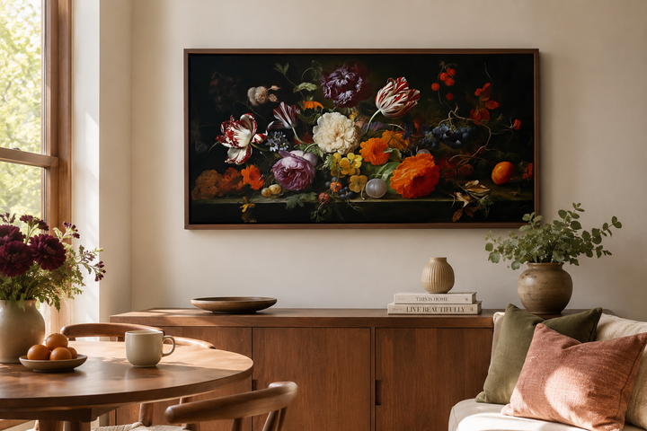 Framed dark academia floral canvas print above a wooden sideboard in a warm, sunlit room.