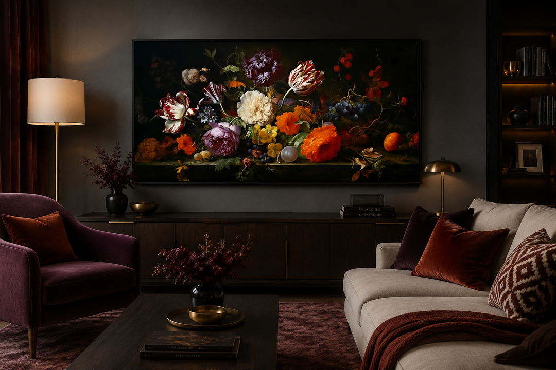 Framed antique floral canvas print in a dark academia living room above a wooden sideboard.
