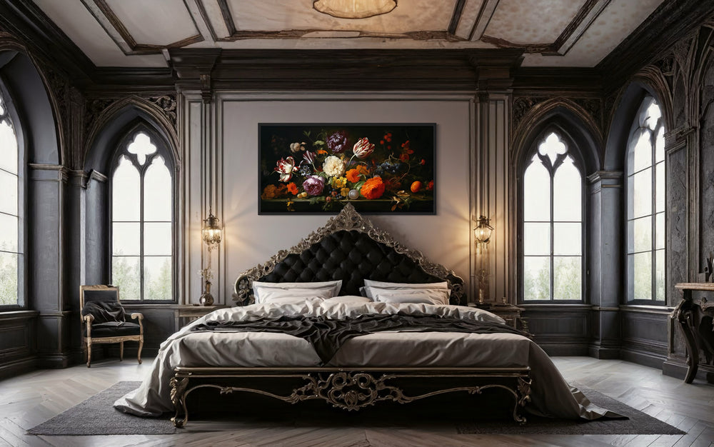 Antique floral canvas print in a dark academia bedroom with gothic windows and ornate furniture.