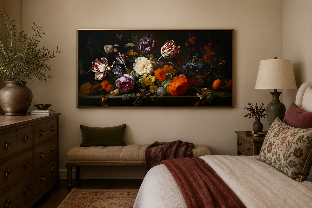 Framed dark academia floral canvas print featuring antique-style flowers above a bedroom bench.