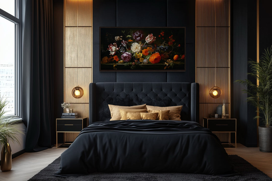 Antique floral print framed gothic canvas decor above a black tufted bed in a dark academia room.