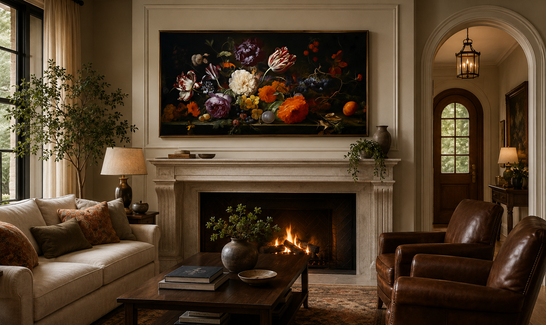 Antique floral print framed canvas in a dark academia style hanging above a fireplace mantel.