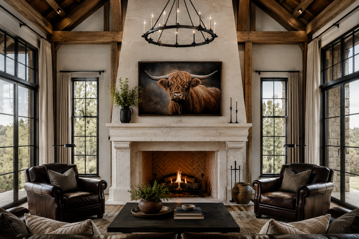 Dark Highland cow framed canvas wall art hanging above a stone fireplace in a rustic living room.
