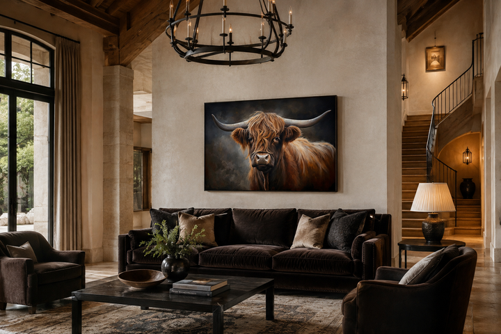 Dark Beautiful Highland Cow Framed Canvas Wall Art hanging above a brown velvet sofa in a living room