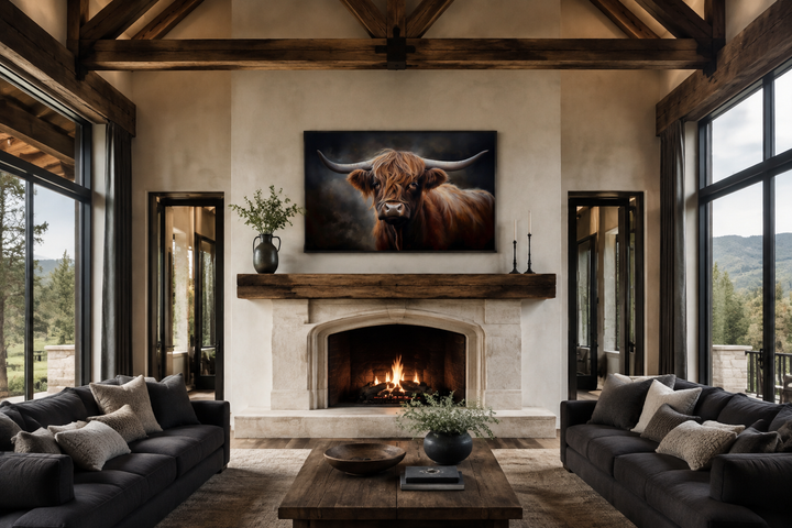 Dark Highland cow framed canvas wall art hanging above a fireplace in a rustic living room.