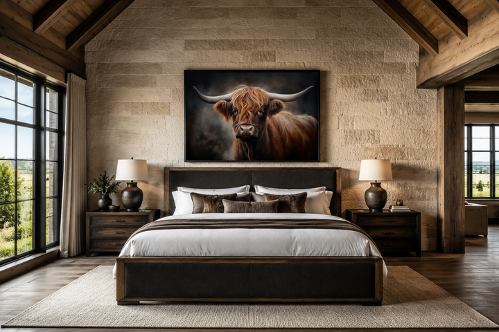 Framed canvas wall art of a dark Highland cow with long horns hanging above a bed in a rustic room.