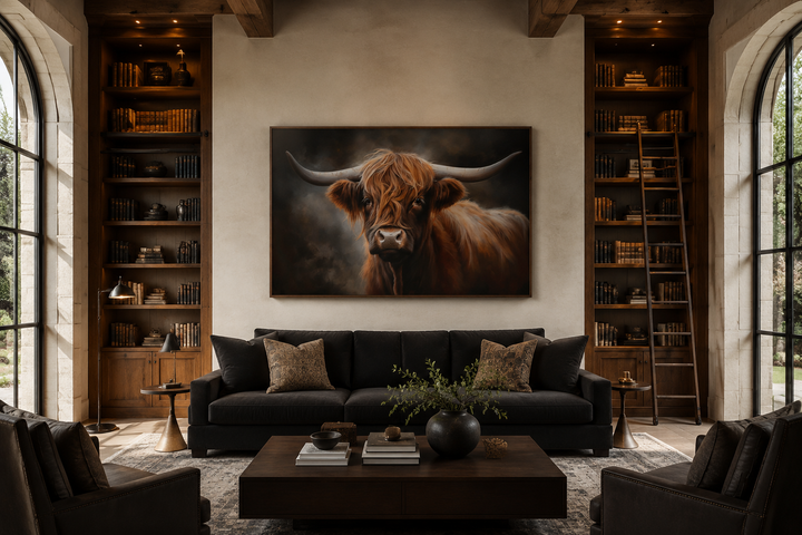 Dark Highland cow framed canvas wall art hanging above a black sofa in a rustic living room.
