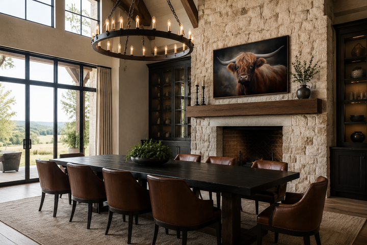 Dark Highland cow framed canvas wall art hanging above a stone fireplace in a rustic dining room.