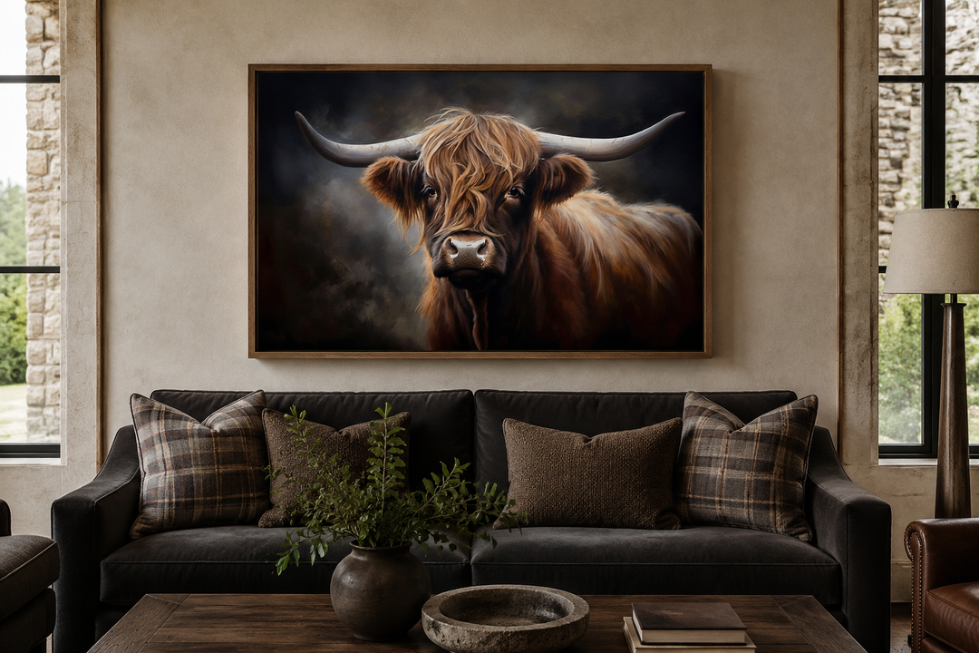 Dark Highland cow framed canvas wall art hanging above a dark sofa in a rustic living room.