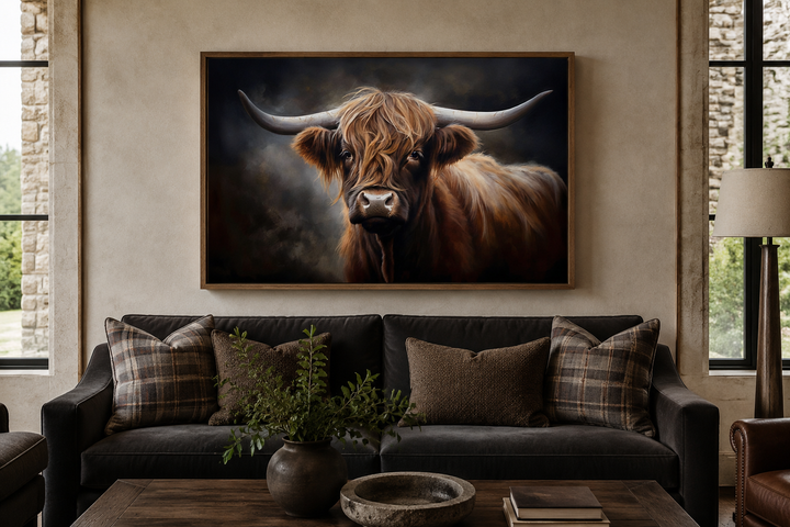 Dark Highland cow framed canvas wall art hanging above a dark sofa in a rustic living room.