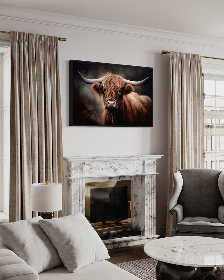 Dark Beautiful Highland Cow Framed Canvas Wall Art