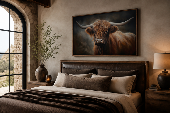 Framed canvas wall art of a dark Highland cow with long horns hanging above a bed in a rustic room.