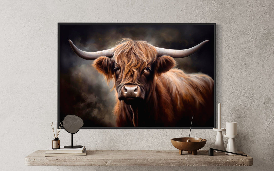 Dark Beautiful Highland Cow Framed Canvas Wall Art