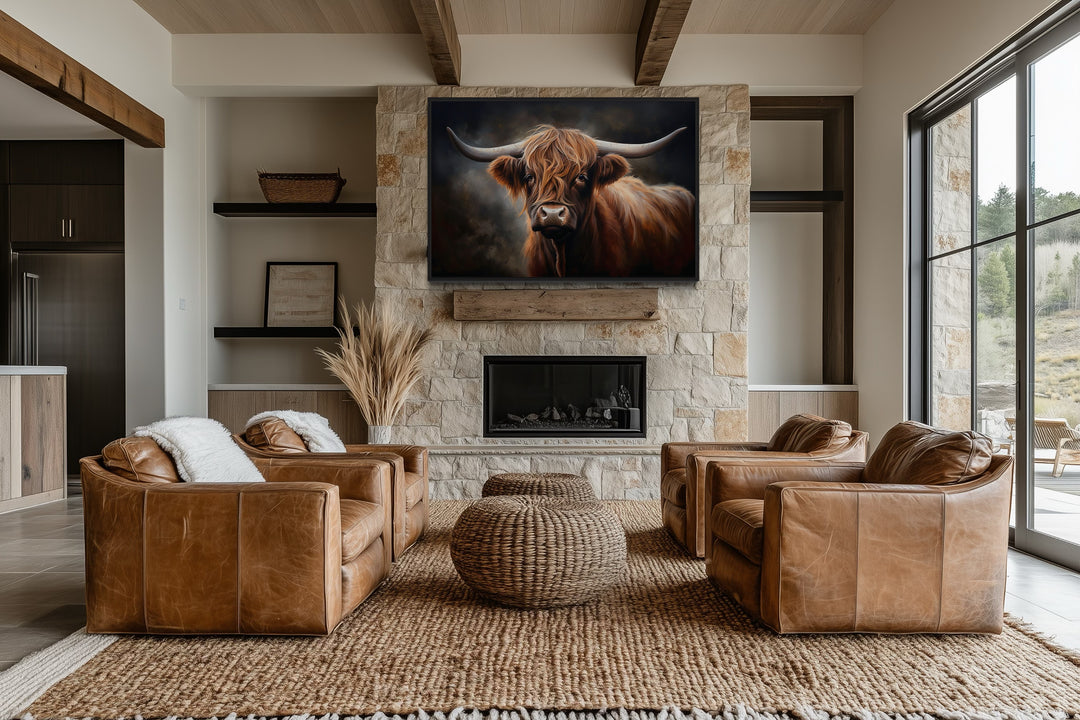 Dark Beautiful Highland Cow Framed Canvas Wall Art hanging above a stone fireplace in a living room.
