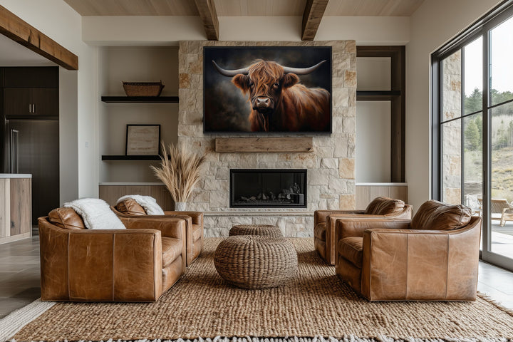 Dark Beautiful Highland Cow Framed Canvas Wall Art hanging above a stone fireplace in a living room.