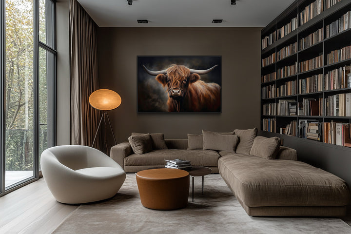 Dark Beautiful Highland Cow Framed Canvas Wall Art hanging in a modern living room.