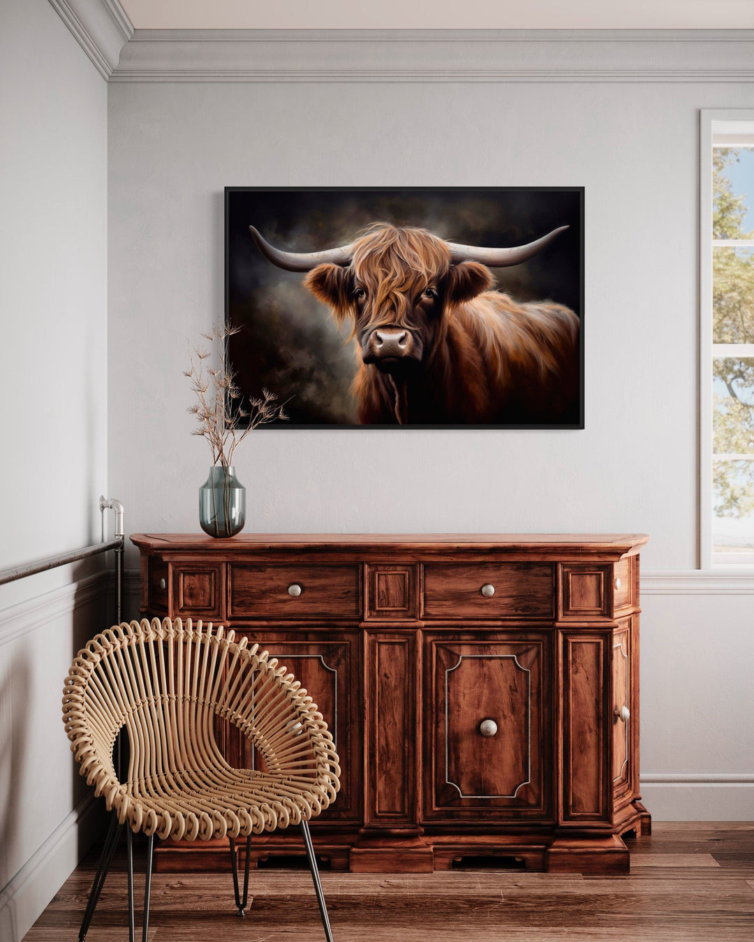 Dark Beautiful Highland Cow Framed Canvas Wall Art