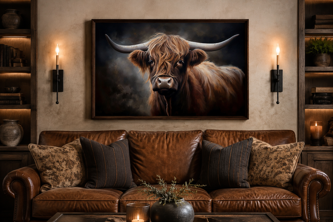Dark Highland cow framed canvas wall art hanging above a brown leather sofa in a rustic living room.