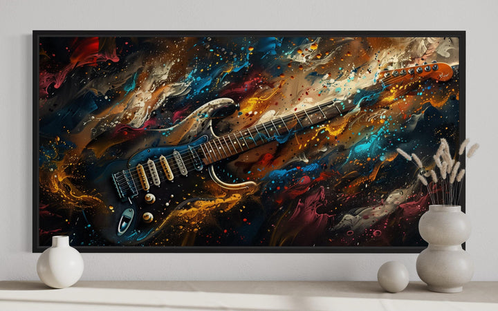 Dark Colorful Electric Guitar Framed Canvas Wall Art